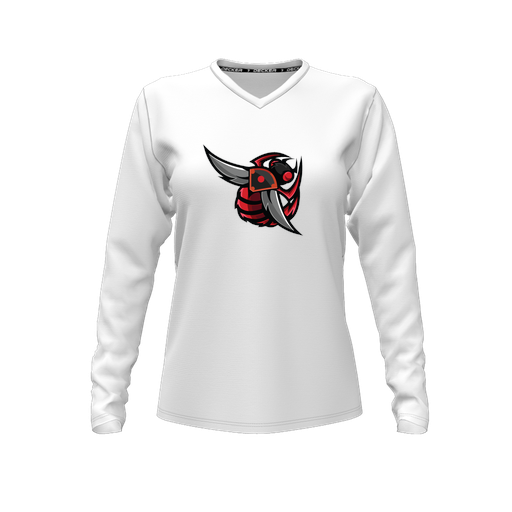 [CUS-DFW-TEES-CMF-VNK-LSL-WHT-FYXS-LOGO1] Comfort T-Shirt (Female Youth XS, White, V Neck, Logo 1, Long Sleeve)