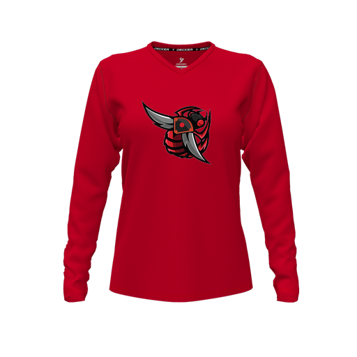 [CUS-DFW-TEES-CMF-VNK-LSL-RED-FYXS-LOGO1] Comfort T-Shirt (Female Youth XS, Red, V Neck, Logo 1, Long Sleeve)