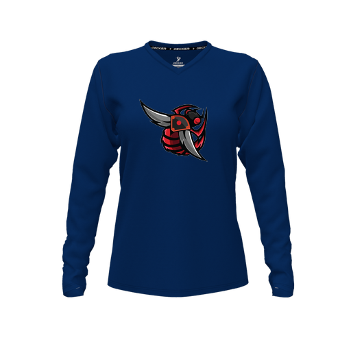 [CUS-DFW-TEES-PER-VNK-LSL-NVY-FYXS-LOGO1] Decker Performance T-Shirt (Female Youth XS, Navy, V Neck, Logo 1, Long Sleeve)