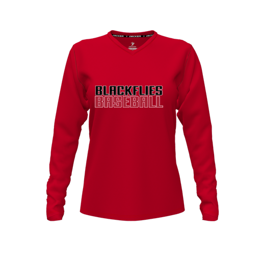 [CUS-DFW-TEES-PER-VNK-LSL-RED-FYXS-LOGO2] Performance T-Shirt (Female Youth XS, Red, V Neck, Logo 2, Long Sleeve)